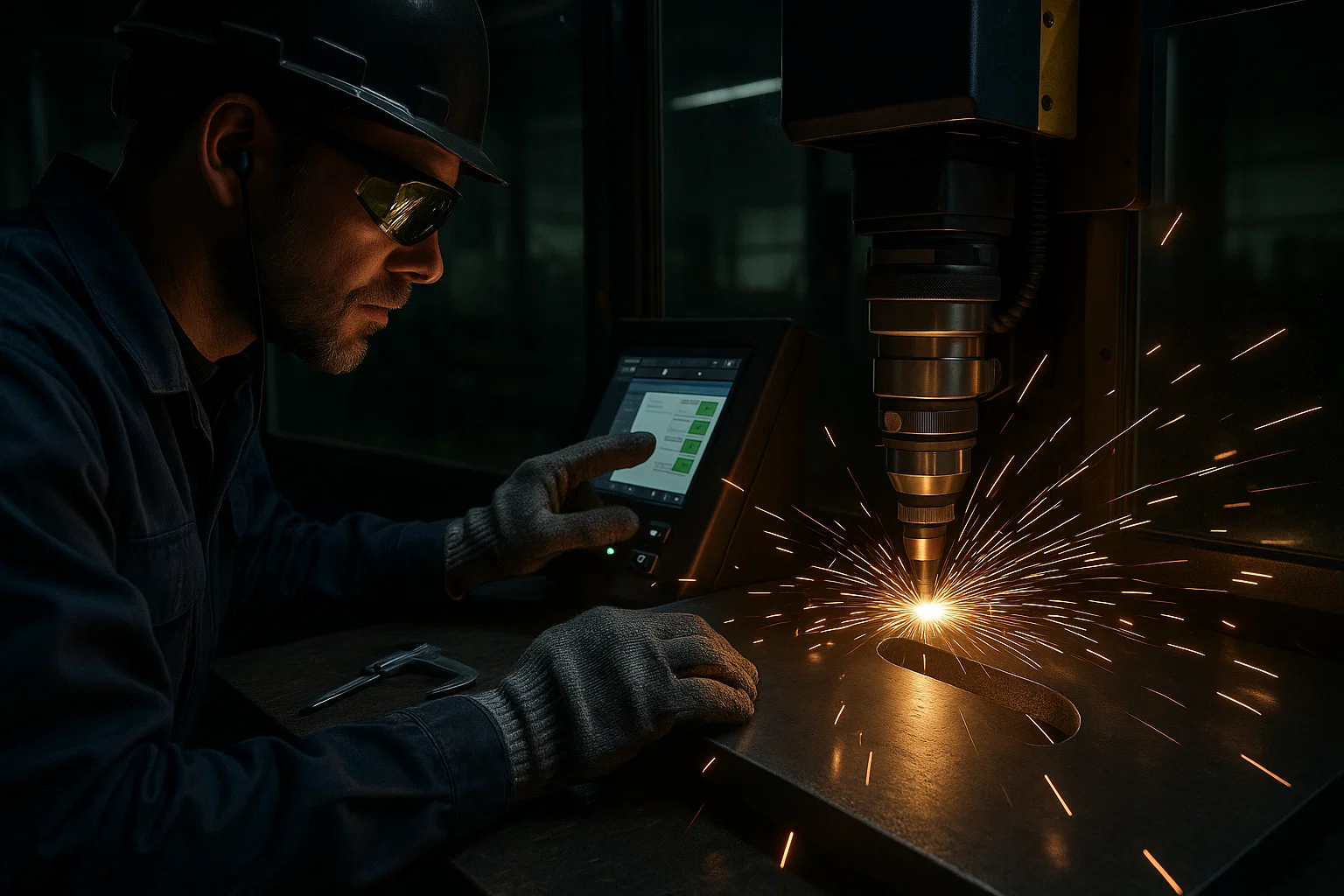 Fabrication engineer monitoring fibre laser cutting process with sparks flying from thick stainless steel plate.
