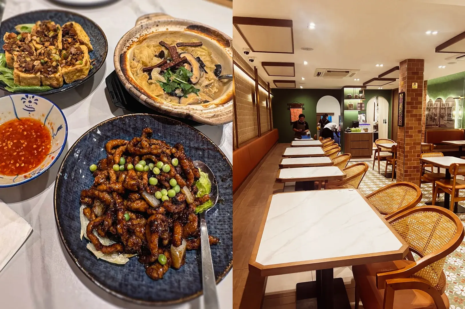 Left: top‑down flat lay of traditional Peranakan dishes with braised pork, curry, and sambal. Right: eye‑level wide shot of a Peranakan restaurant interior with marble tables and rattan chairs in Singapore.