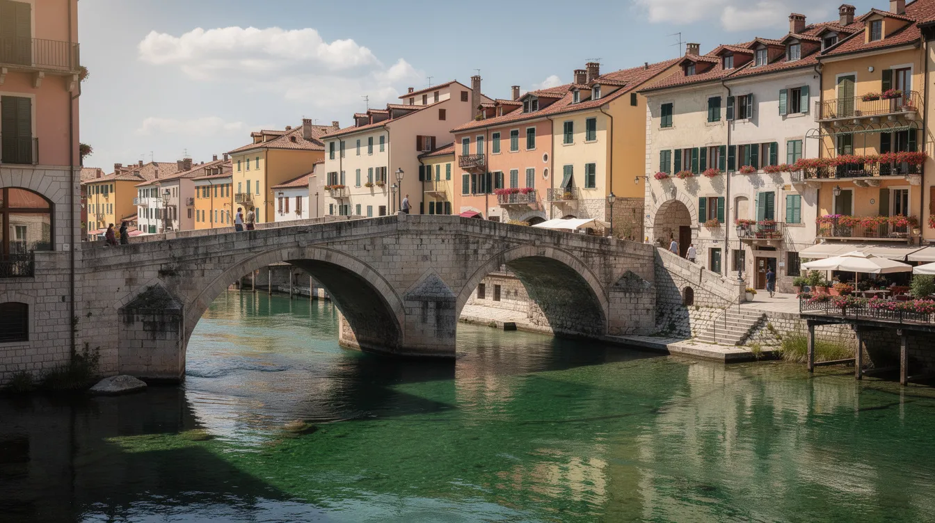 A imagem retrata um vibrante centro histórico europeu, onde uma ponte tripla se destaca sobre um rio verde, cercada por edifícios coloridos que refletem a rica arquitetura da região. Este cenário é típico de destinos turísticos na Croácia, que atraem visitantes com sua beleza e história.