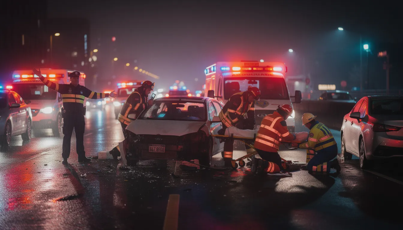 The image depicts emergency responders at an accident scene, illuminated by flashing lights, as they assist injured victims of a serious car accident. This scene highlights the urgent nature of personal injury cases and the critical role of legal representation in navigating the aftermath of such incidents.