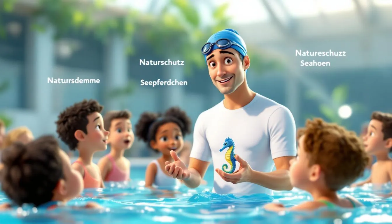 In der hochauflösenden Animation erklärt ein Schwimmmeister den jungen Schwimmern das Seepferdchen-Abzeichen, während er gleichzeitig die Naturschutzthematik der echten Seepferdchen, insbesondere der Arten wie Hippocampus und Syngnathidae, behandelt. Die Kinder hören aufmerksam zu und lernen über die Lebensweise dieser faszinierenden Tiere und deren Bedeutung im Ökosystem.