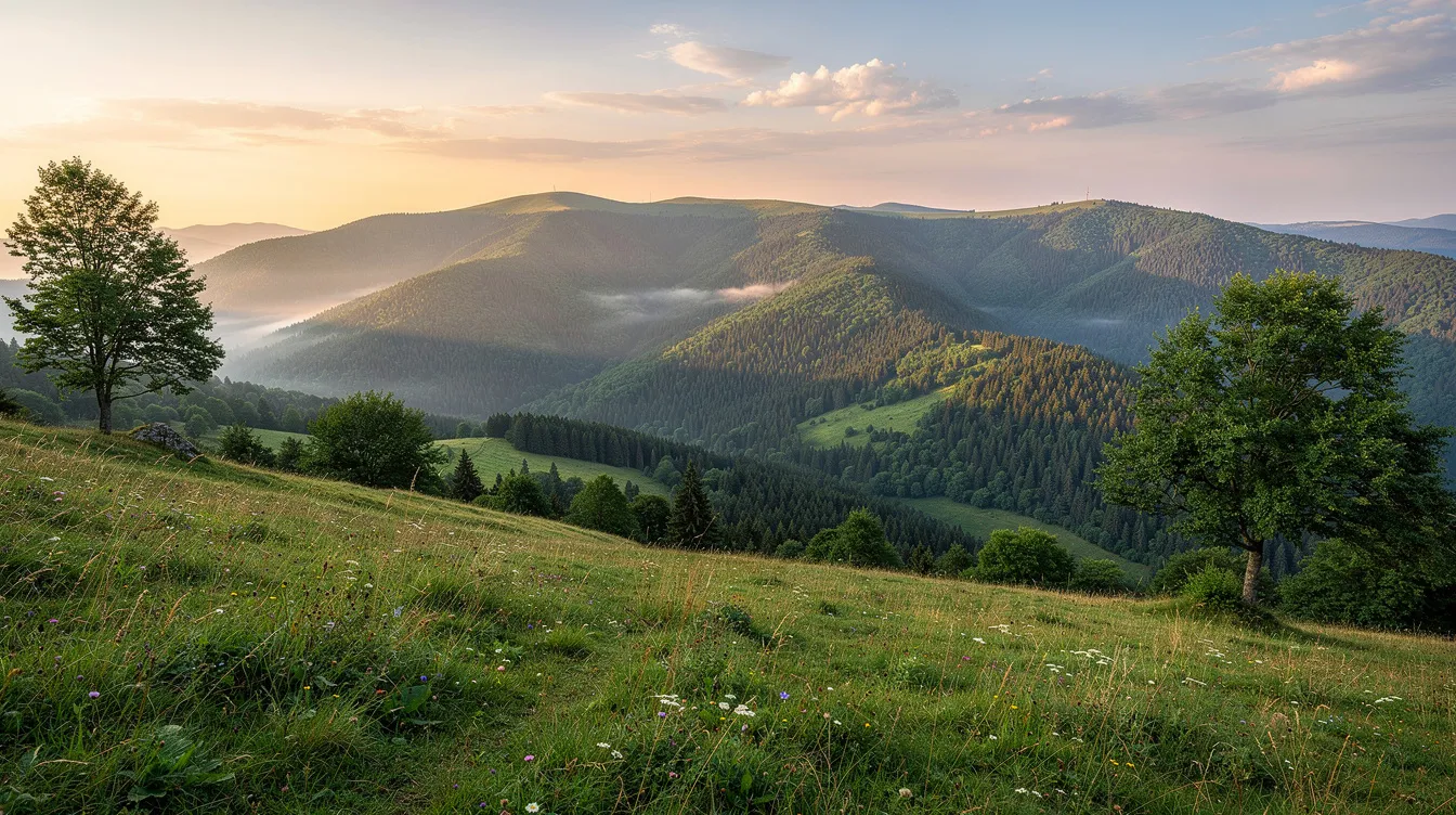Panoramiczny widok na górskie szczyty Beskidów, z zielonymi polanami na pierwszym planie, tworzy piękny krajobraz, idealny do wędrówki szlakami górskimi. W tle widoczne są majestatyczne góry, które zachęcają turystów do odkrywania okolicy oraz korzystania z różnych tras turystycznych.