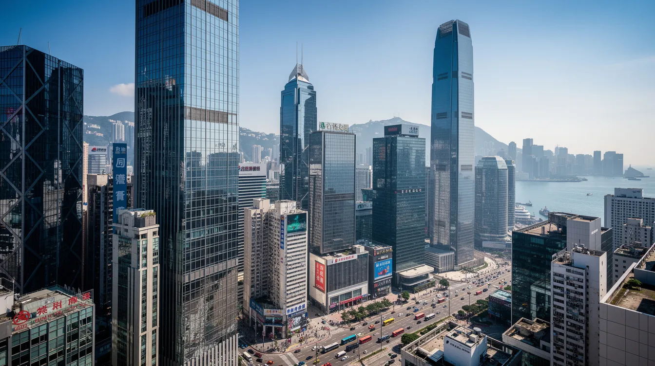The image depicts a vibrant modern cityscape of Hong Kong, showcasing tall office buildings reaching towards a clear blue sky. This scene represents the bustling financial hub, where professionals, including 公務員及專業人士, navigate their daily lives amidst the impressive architecture.