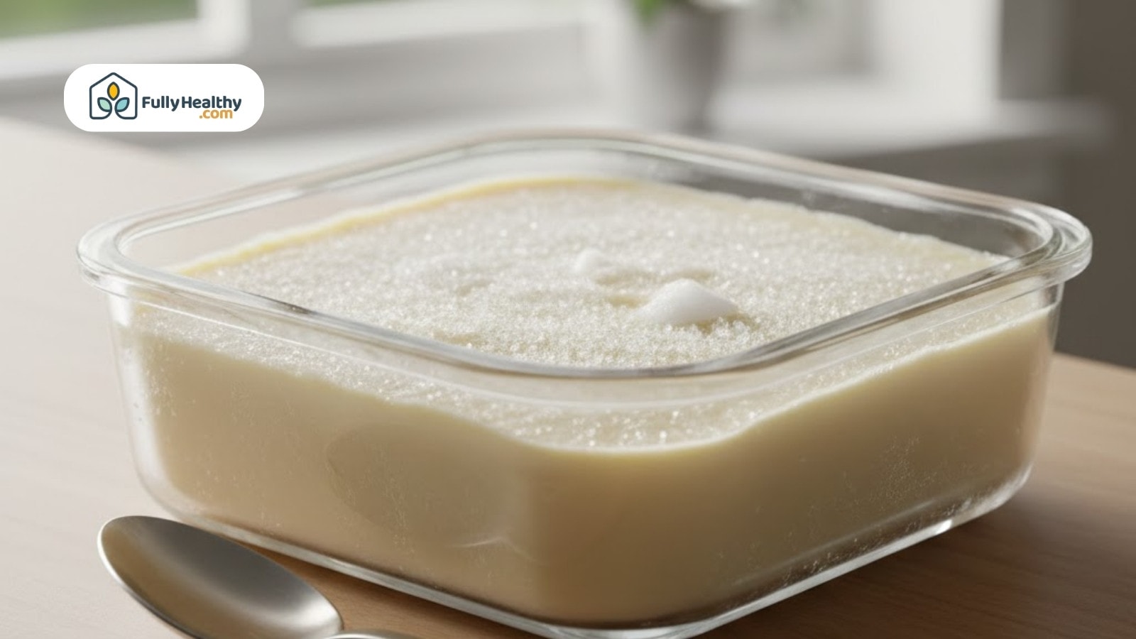 Large glass container filled with creamy vanilla pudding