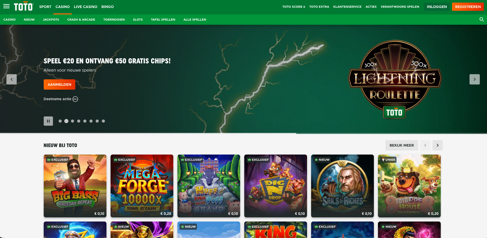 TOTO Casino als legaal online casino Nederland met Nederlandse vergunning van de Nederlandse Kansspelautoriteit, onderdeel van de Nederlandse Loterij, met online slots, live casino spellen zoals Lightning Roulette, tafelspellen en sportweddenschappen, eerlijk spel via random number generator, veilige uitbetaling en verantwoord spelen volgens de Wet kansspelen ter bescherming tegen illegale casino’s en illegale goksites in Nederland