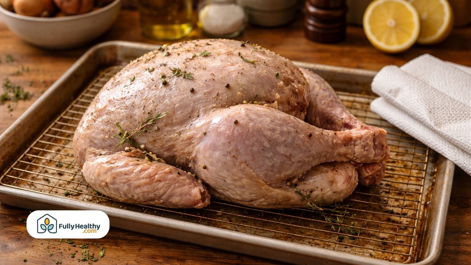 Raw brined turkey resting on rack before roasting with herbs nearby