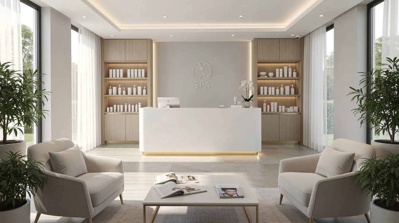 The image depicts a welcoming modern med spa reception area featuring comfortable seating and a clean minimalist design, creating an inviting atmosphere for clients seeking body sculpting and skin rejuvenation treatments. This space reflects a commitment to enhancing natural beauty with advanced, non-surgical treatments and personalized care.