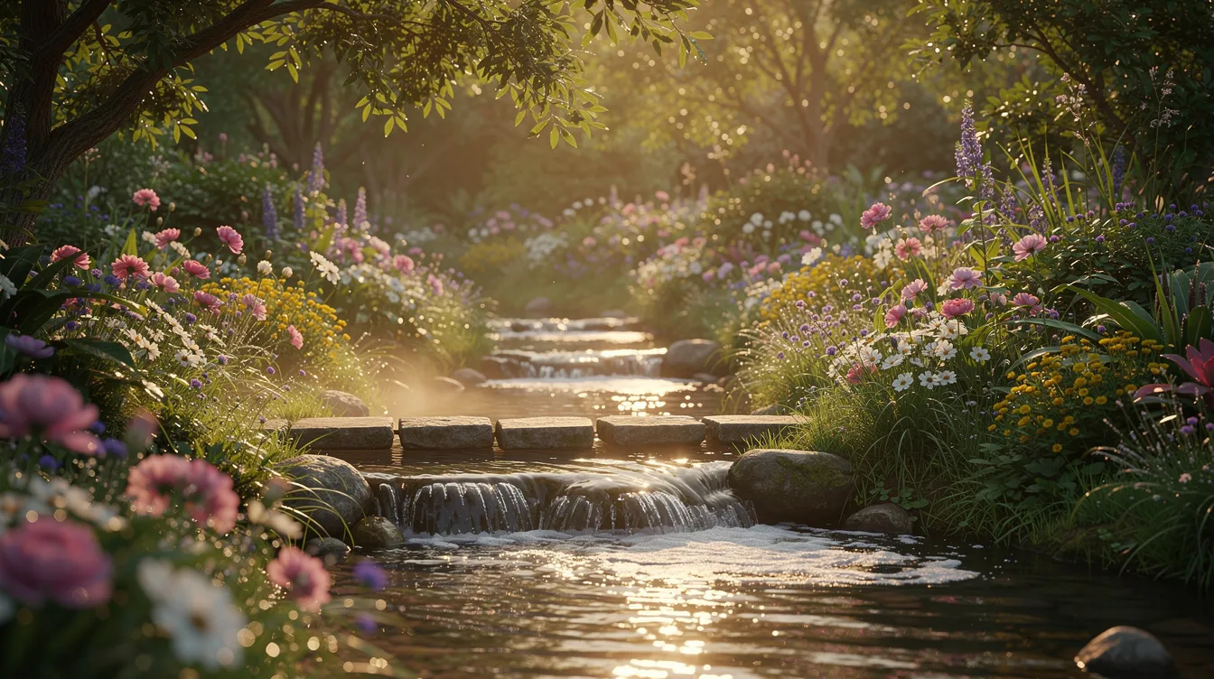 The image depicts a lush garden filled with vibrant, blooming flowers and a gentle stream of water flowing through it, symbolizing the beauty of creation and life. This serene scene reflects themes of nature and community, inviting viewers to connect with the essence of the world around them.