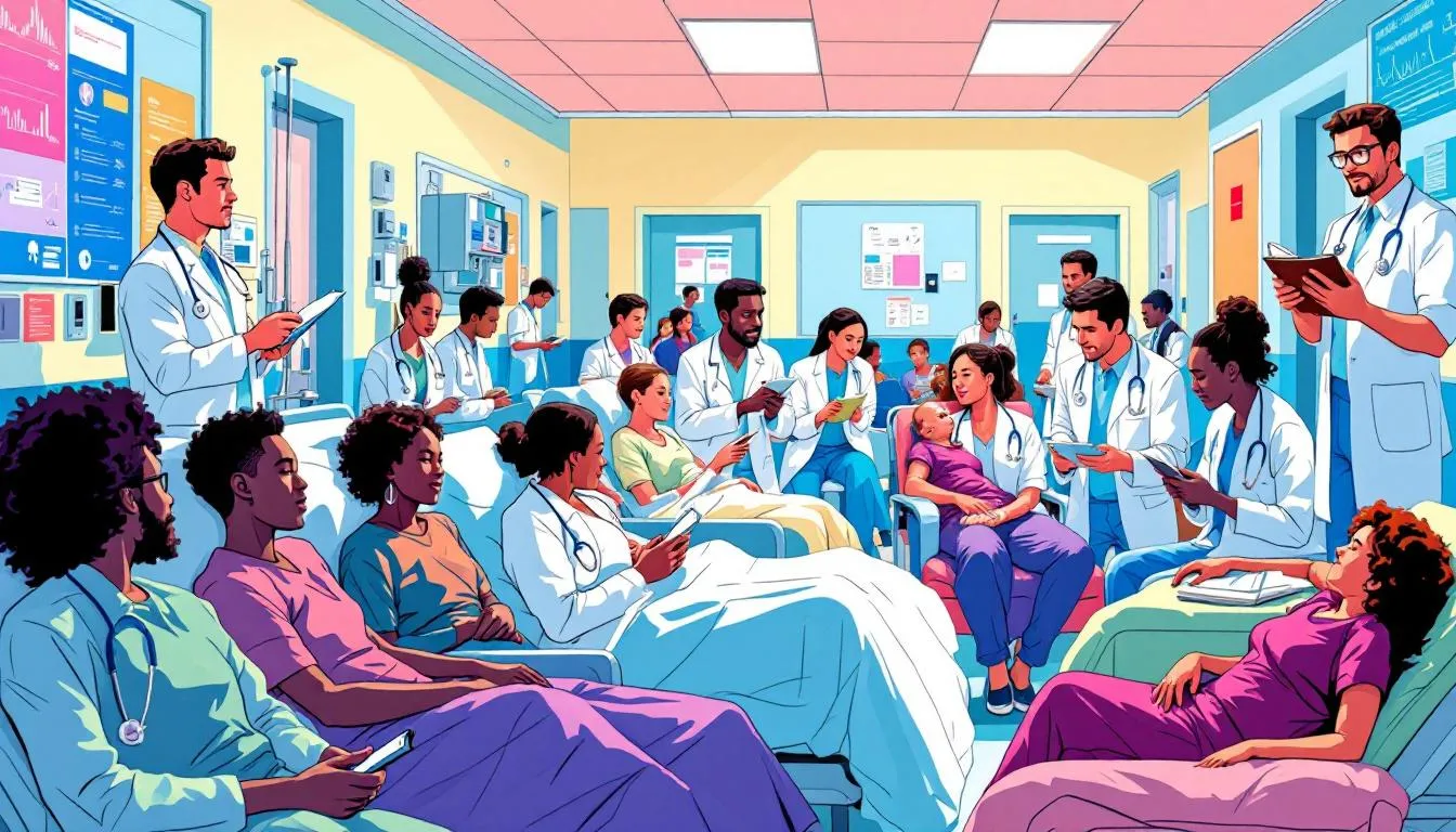 The importance of hospital clinical rotations illustrated through medical students interacting with patients.