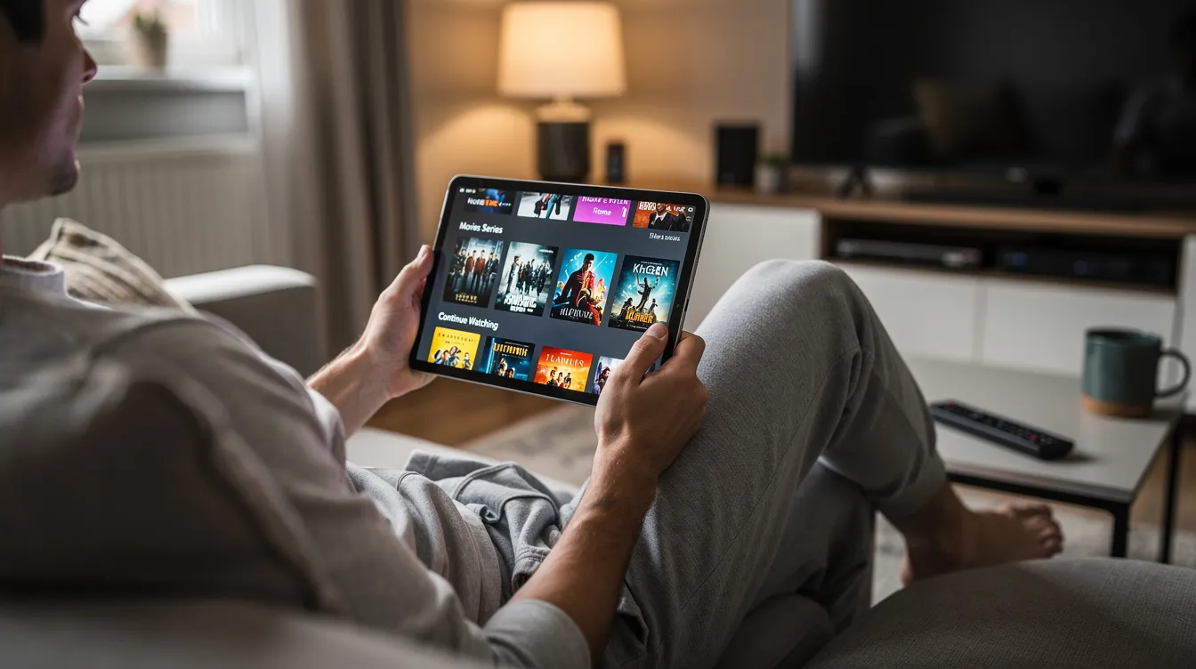 A person is comfortably seated on a sofa, scrolling through a streaming app on a tablet, suggesting a relaxed evening of entertainment. The scene captures the essence of leisure time, possibly considering options for a movie or series to watch.