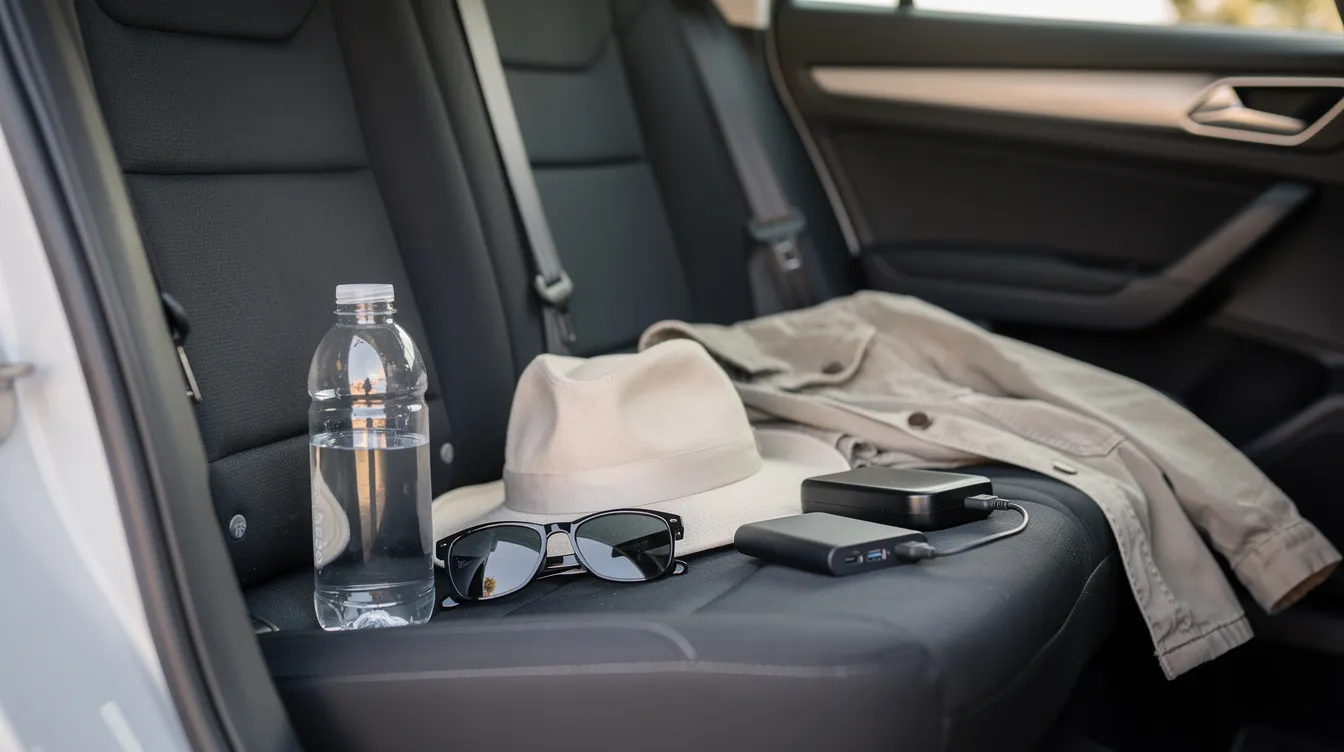 Asiento trasero con agua, sombrero, gafas de sol, chaqueta y power bank para el desierto.