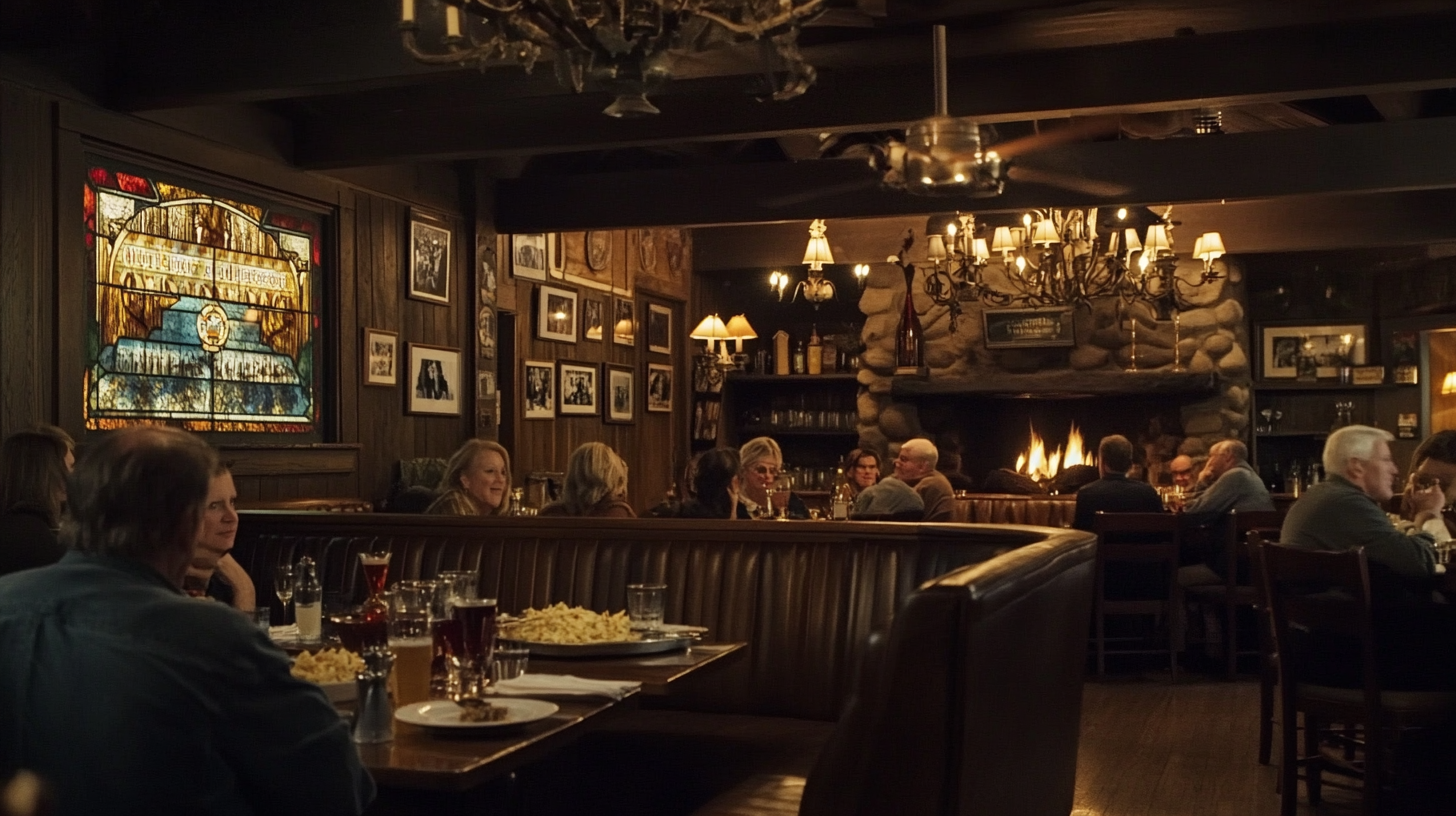 Wisconsin supper club with wooden beams, a stone fireplace, vintage beer signs, and vinage photos on the walls and leather booths. Patrons sipping Brandy Old Fashioneds, prime rib, creamy coleslaw, relish tray