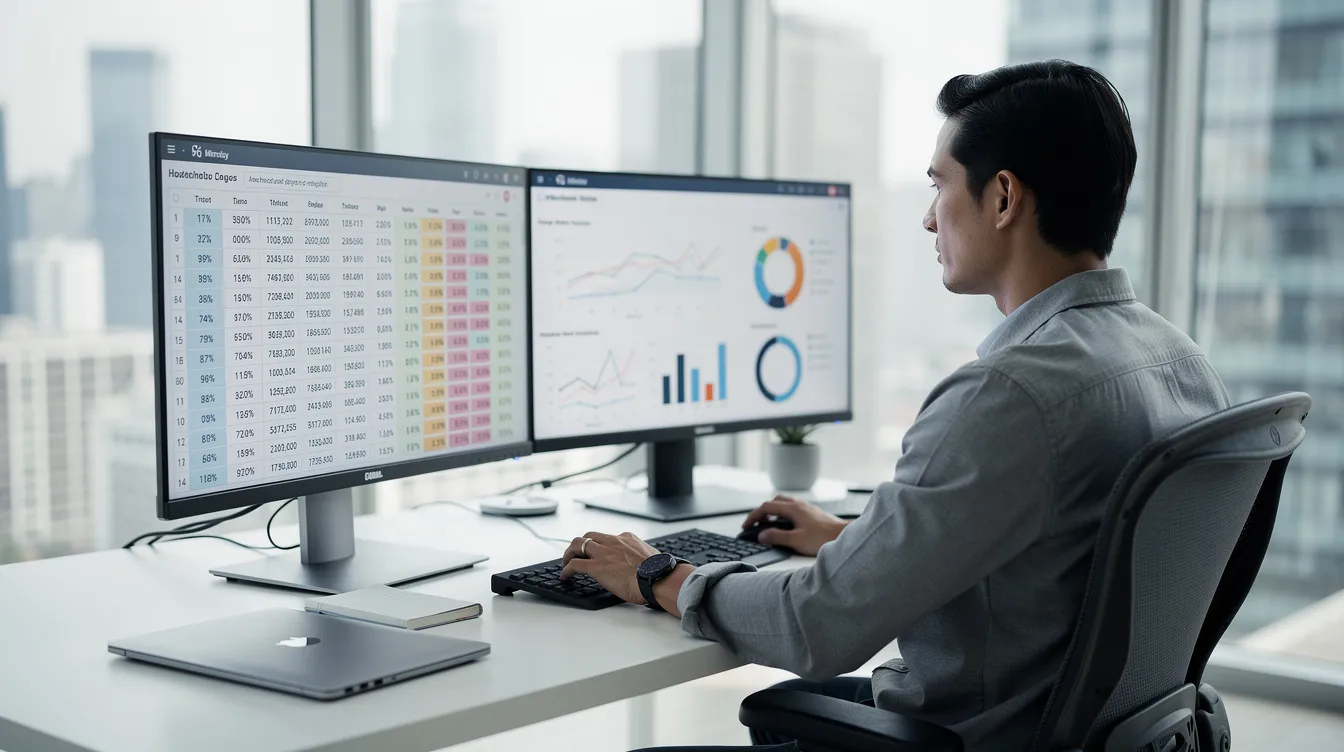 d797bb66 3aec 4325 8b0d 20ce5012a9e7 Na obrazku widzimy osobę pracującą z arkuszami kalkulacyjnymi i danymi finansowymi na dwóch monitorach w nowoczesnym biurze. Osoba ta analizuje przepływy pieniężne oraz planuje przyszłe przepływy gotówki, co jest kluczowe dla stabilności finansowej działalności operacyjnej jej firmy.
