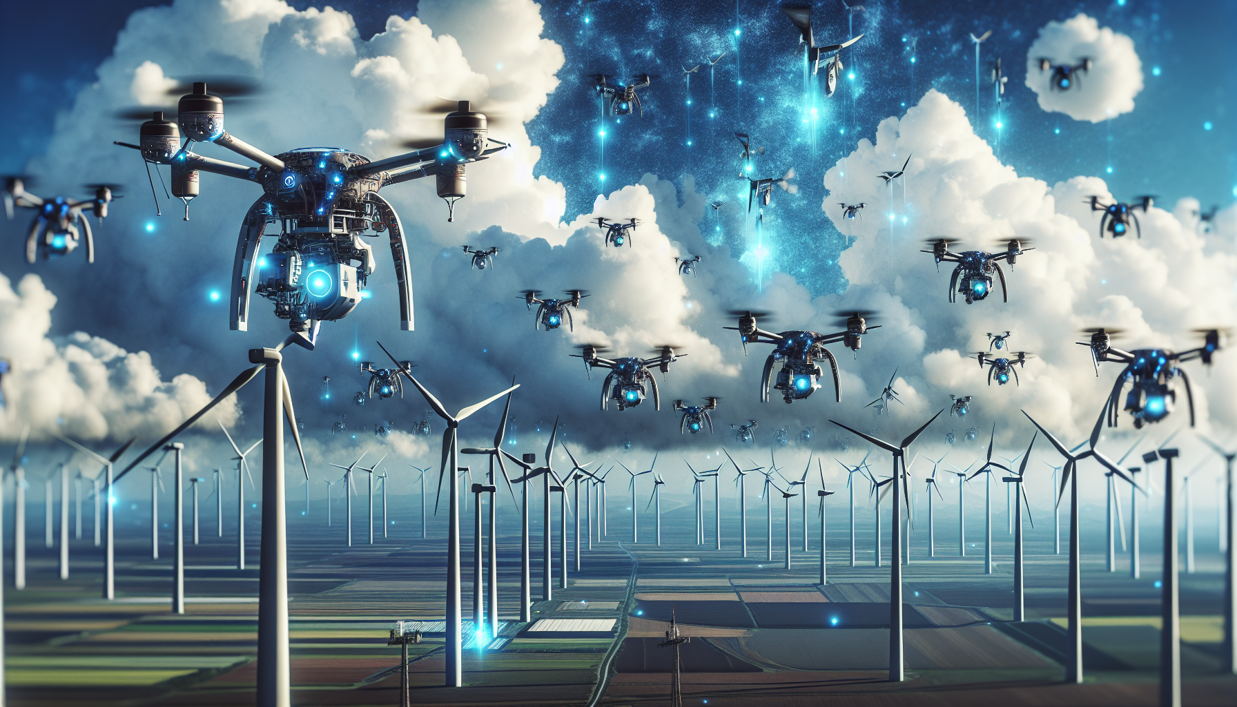 Drones equipped with monitoring sensors in wind farms