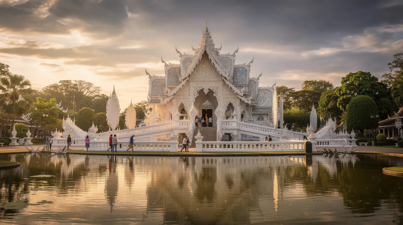 A imagem retrata a cidade de Chiang Rai, na Tailândia, destacando seus famosos templos e a rica cultura local. É um destino popular para turistas brasileiros em busca de experiências únicas e ofertas de viagem.