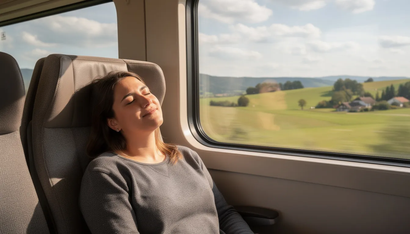 A person is resting comfortably on a train, using a trtl travel pillow for neck support, with scenic countryside views visible through the window. The ergonomic design of the pillow helps keep their head upright, ensuring a cozy and relaxed position during the journey.