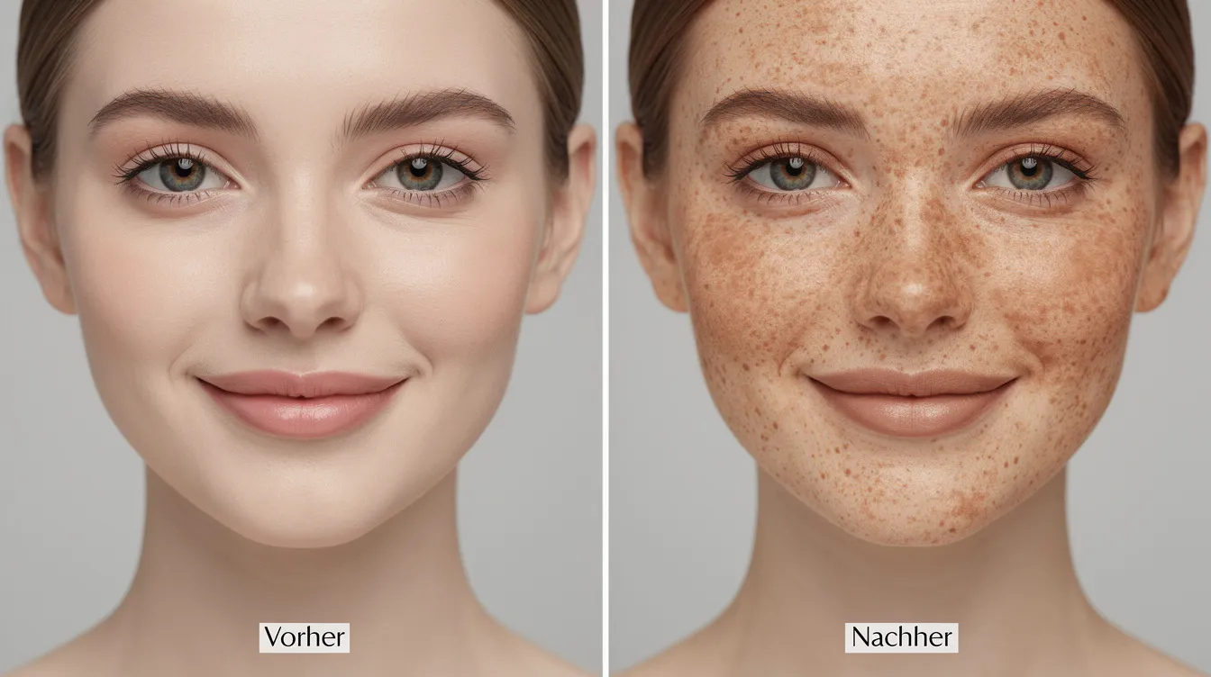 Das Bild zeigt einen Vorher-Nachher-Vergleich eines Gesichts, einmal ohne und einmal mit einem Sommersprossen Tattoo. Die künstlichen Sommersprossen, die mit einem Freckle Pen aufgetragen wurden, verleihen dem Gesicht einen frischen und natürlichen Look, der im Sommer-Trend liegt.