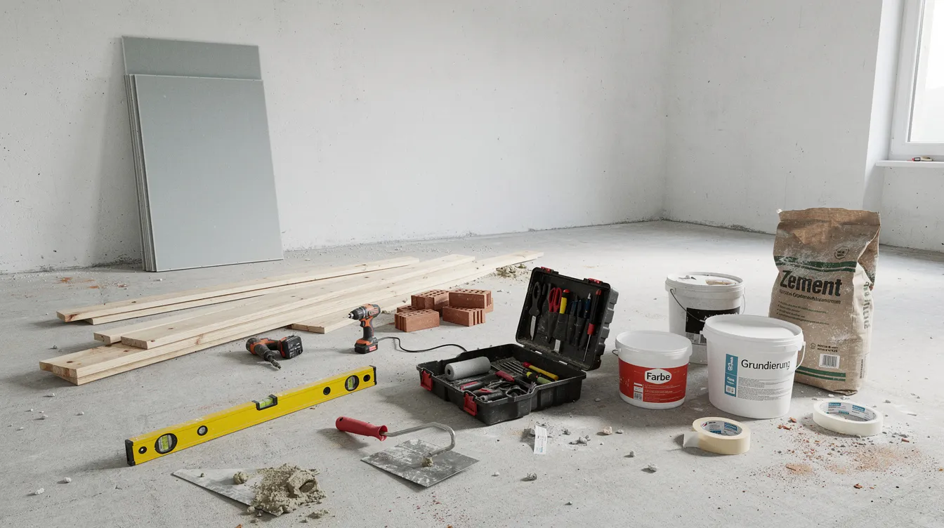 Renovierungswerkzeuge und Baumaterialien auf dem Betonboden eines leeren Zimmers