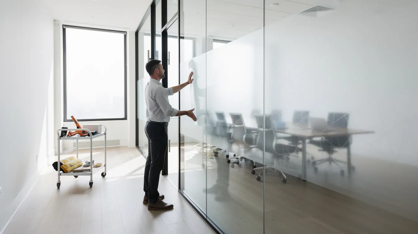 A person is carefully applying decorative privacy film to a large glass wall in a modern conference room, enhancing the office space's aesthetics while ensuring confidentiality. This installation could be part of a commercial cleaning franchise's services, showcasing the versatility and professionalism of the cleaning business industry.