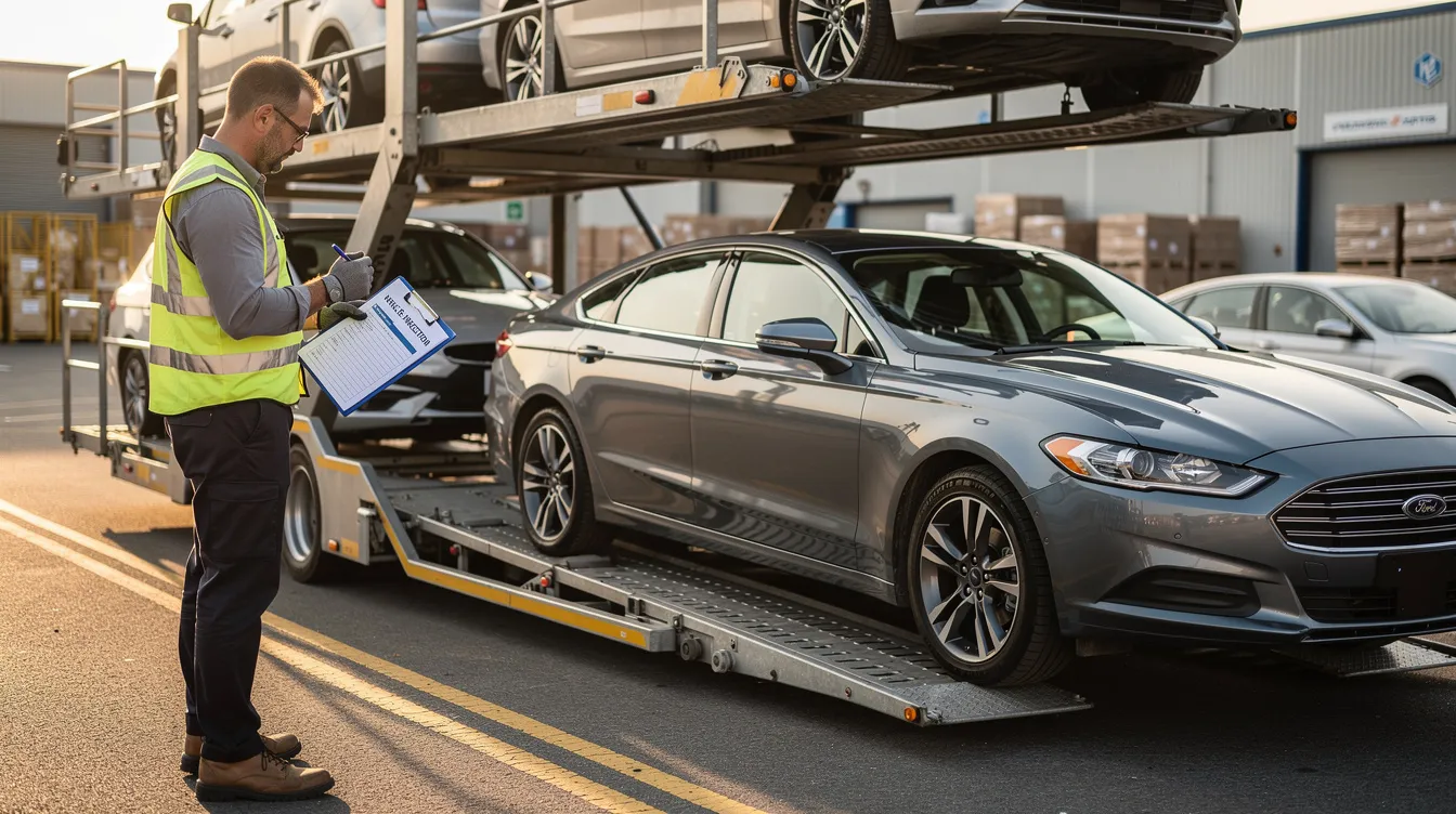 A professional driver is carefully inspecting a vehicle before loading it onto a carrier, ensuring it is ready for safe transport. This attention to detail is essential for reliable car shipping services, as it guarantees the vehicle will be delivered safely to its destination.