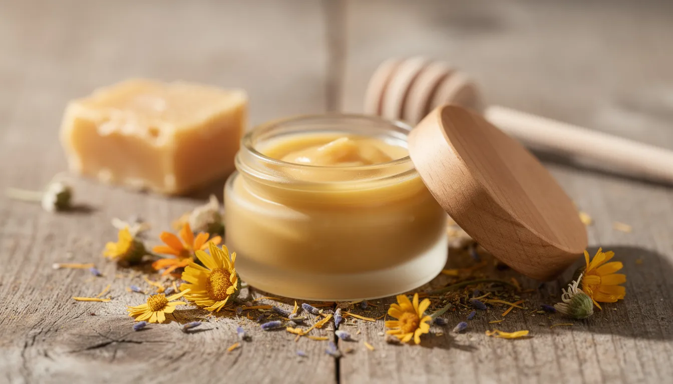 The image features a jar of natural balm made with beeswax and botanical ingredients, placed on a wooden surface. This anti chafing cream is designed to protect sensitive skin areas, providing a moisturizing barrier against skin irritation and friction during physical activities.