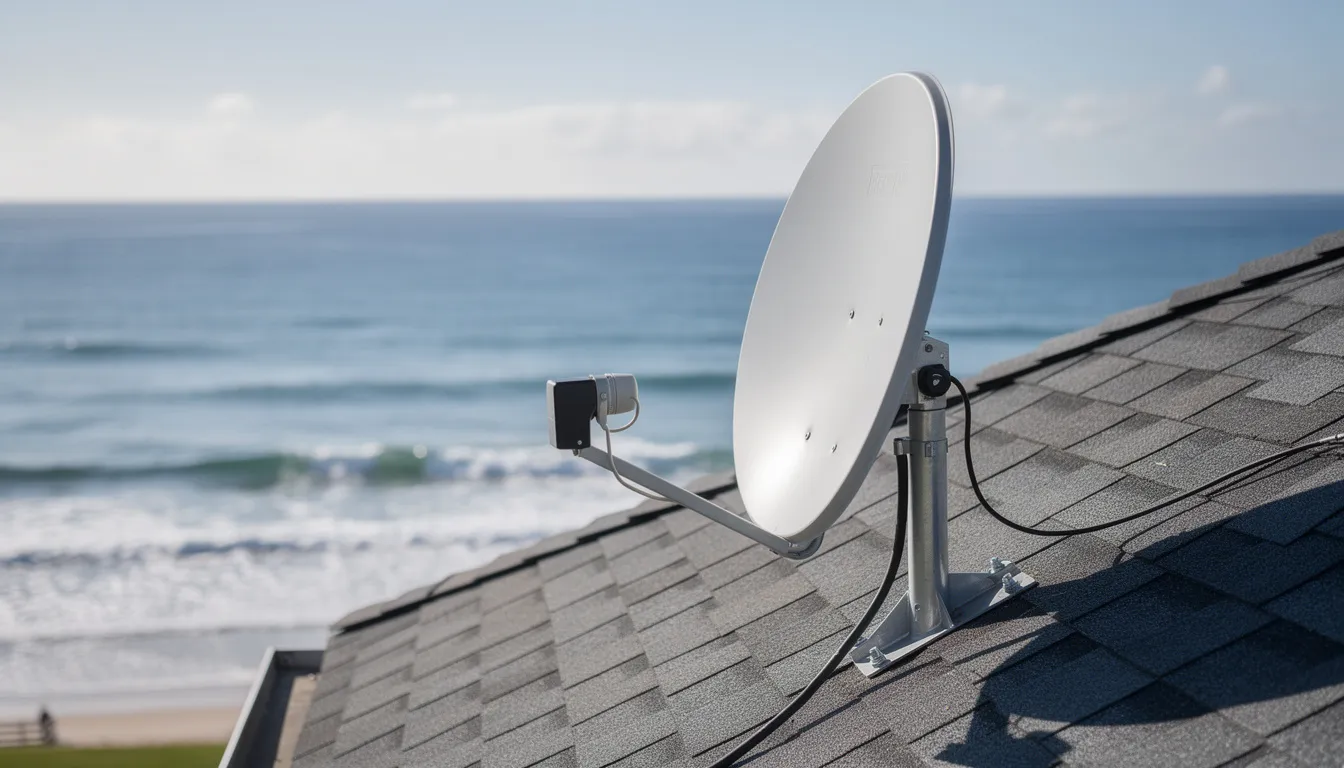 A satellite dish is mounted on the roof of a coastal home, overlooking a beautiful ocean view in the background. This setup showcases a standard DSTV installation, ideal for enjoying a variety of entertainment options while enjoying the seaside scenery.