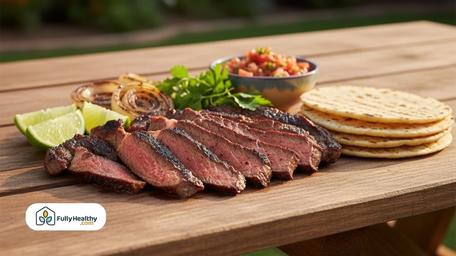 Carne asada style flank steak slices with tortillas onions limes and salsa