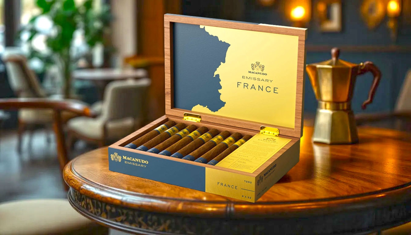 A beautifully arranged box of Emissary France cigars showcasing French craftsmanship.