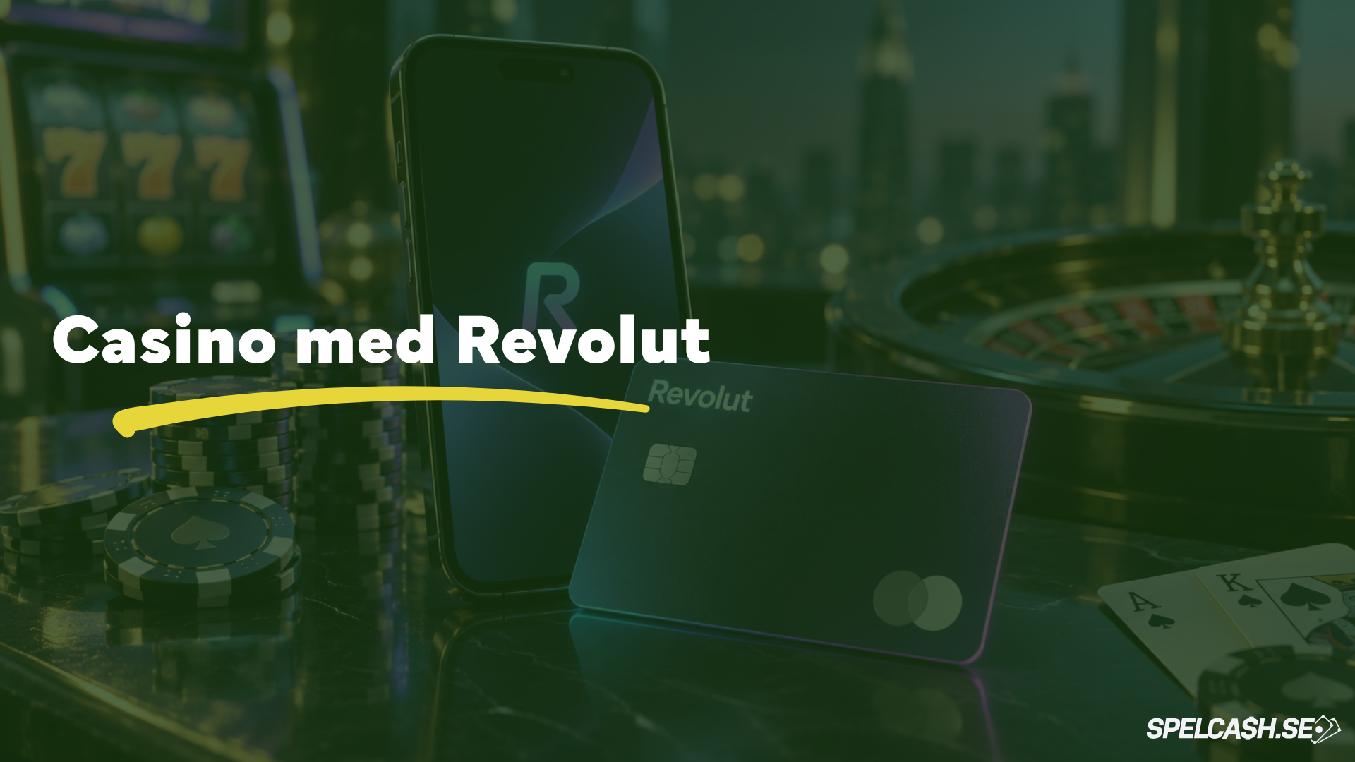 Casino med Revolut på Spelcash, med Revolut-kort, mobiltelefon och roulette för svenska spelare som vill spela casino online.