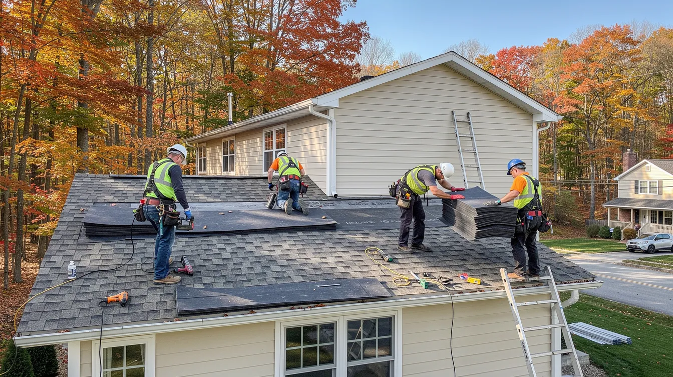 A roofing crew is actively working on a residential home in a wooded neighborhood of Upstate New York, installing new roofing materials and ensuring the roof replacement is completed with quality craftsmanship. The team is focused on providing efficient roofing services to protect the home from potential storm damage and costly repairs.