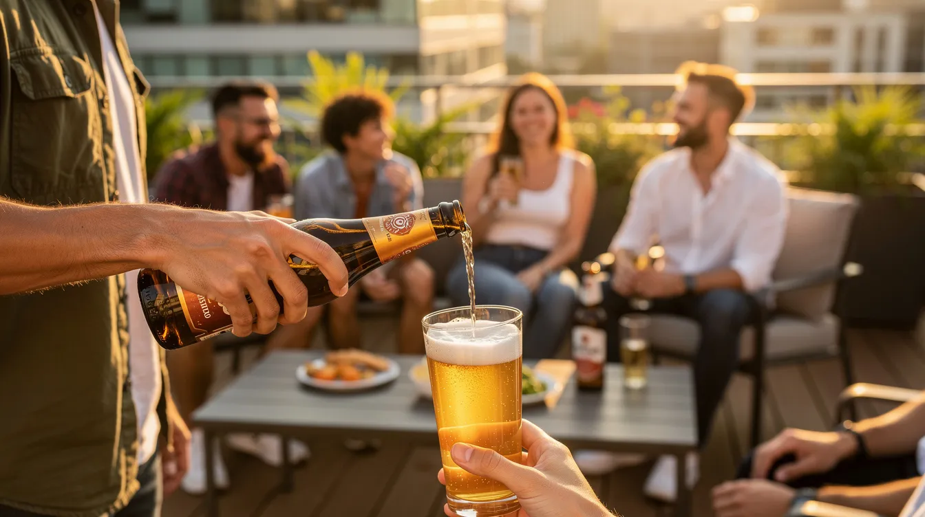 Na zdjęciu widzimy osobę nalewającą jasne piwo bezalkoholowe do szklanki podczas spotkania na tarasie, co sugeruje relaksującą atmosferę i towarzystwo przyjaciół. Piwo bezalkoholowe, będące zdrowszą alternatywą dla tradycyjnych trunków, oferuje charakterystyczny smak, który może być doceniony w takich chwilach.