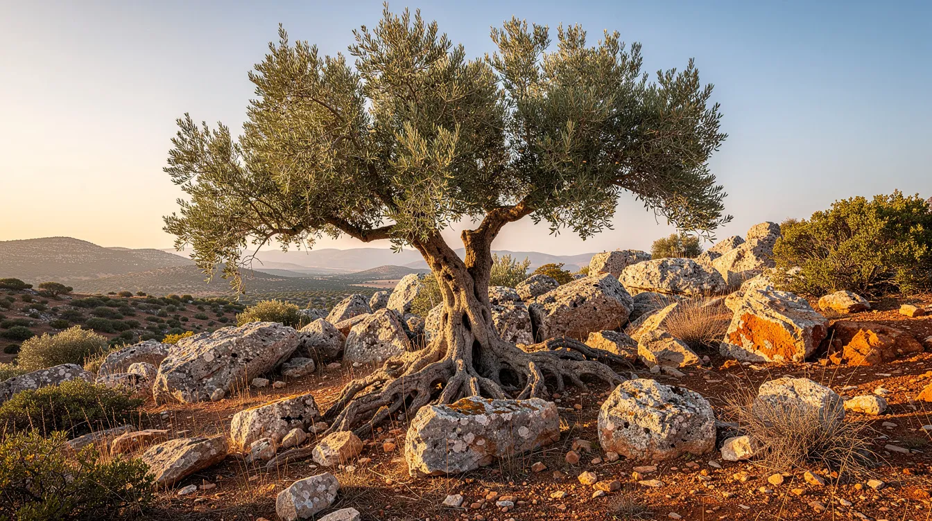 A weathered fig tree stands resiliently among rocky terrain in a dry Mediterranean landscape, symbolizing faith and endurance amidst challenging conditions. Its presence evokes biblical themes of divine power and the ability to move mountains with even a grain of mustard seed of faith.