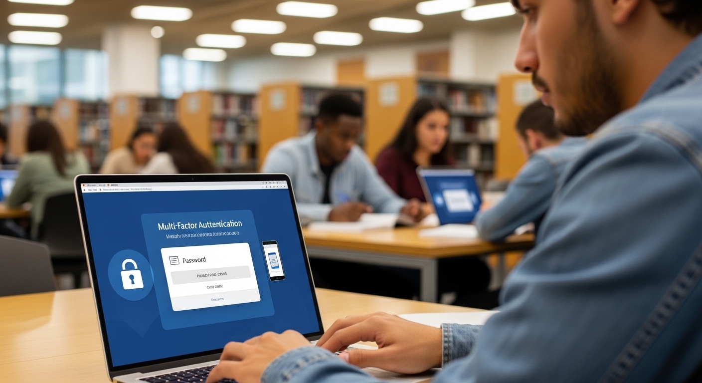 Students securely accessing virtual desktops with multi-factor authentication and encrypted connections.