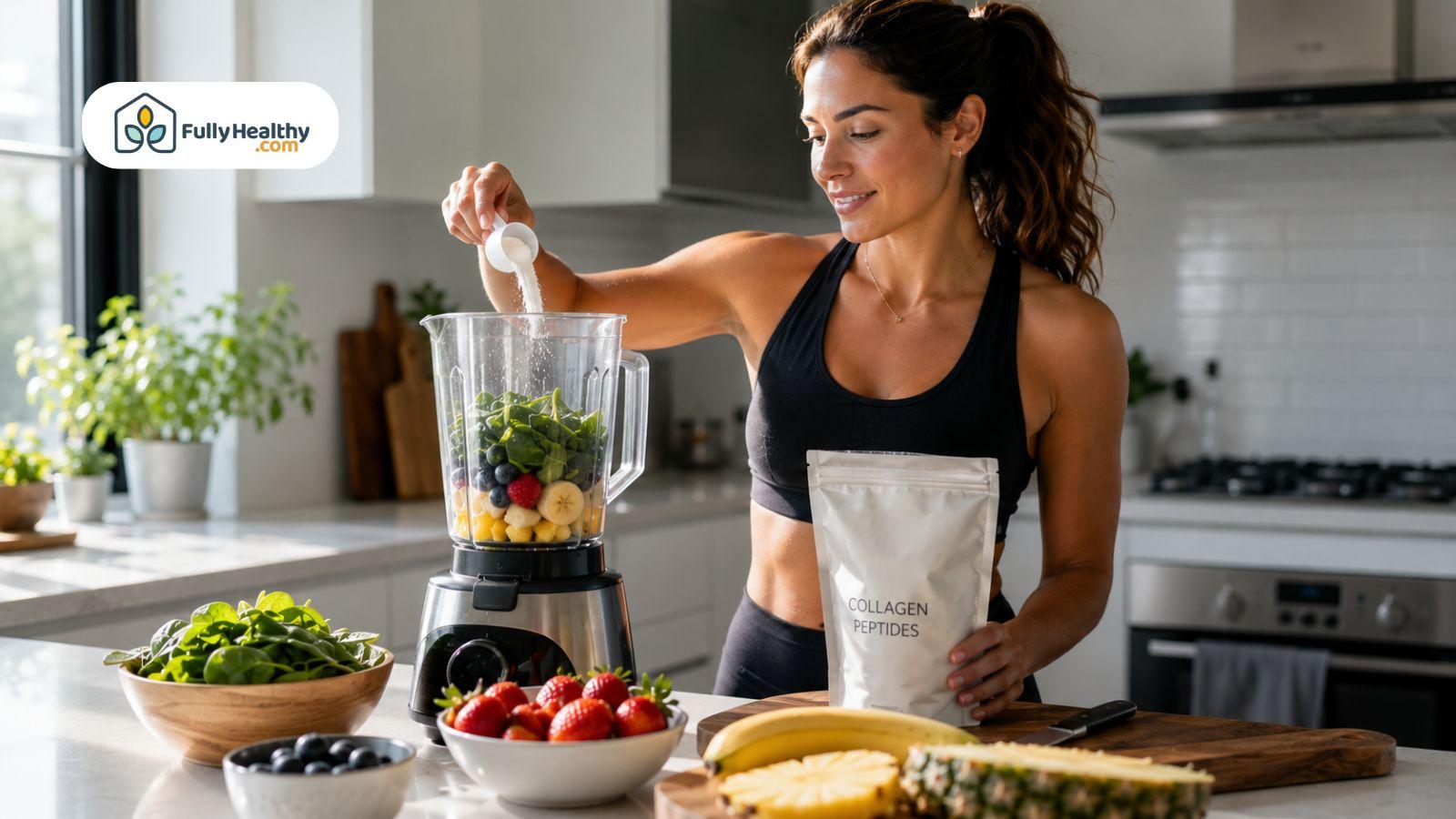 Preparing nutrient-rich smoothie with collagen peptides and fresh fruits.