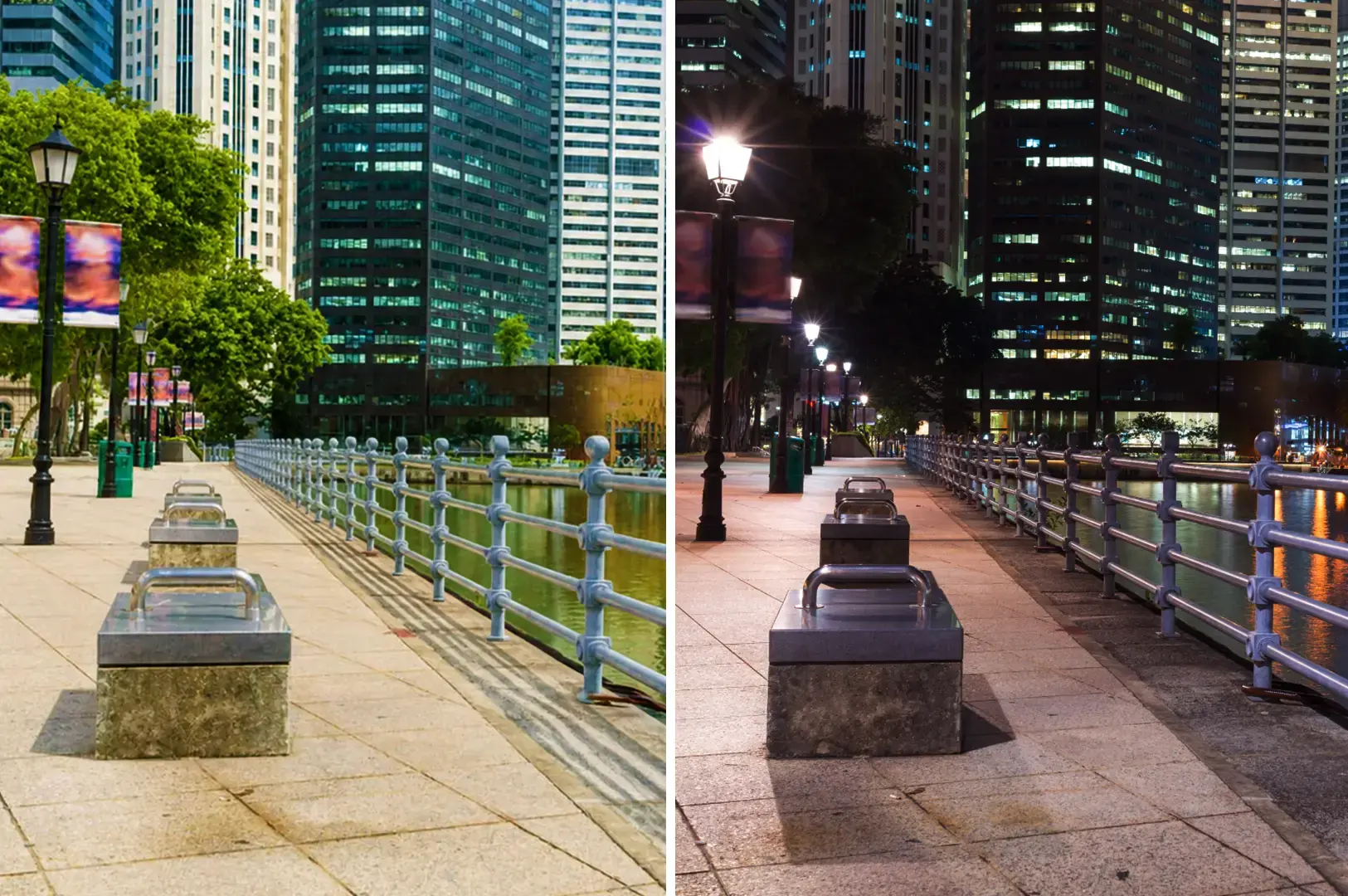 Singapore riverside walkway shown in daylight and at night.