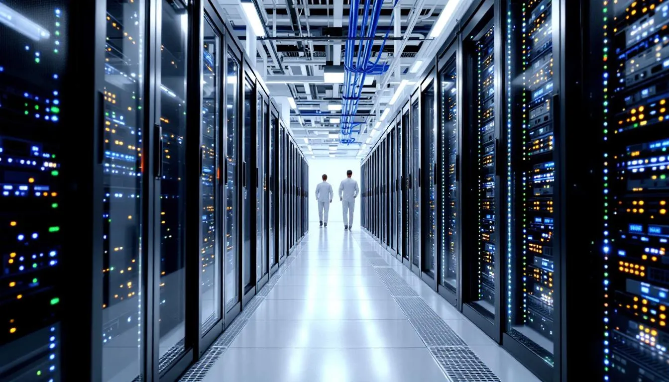 Das Bild zeigt eine Netzwerk-Infrastruktur in einem Rechenzentrum, in dem mehrere Server und Kabel organisiert angeordnet sind. Diese IT-Landschaft ist entscheidend für die Unterstützung von Unternehmen und die Bereitstellung von IT-Diensten.