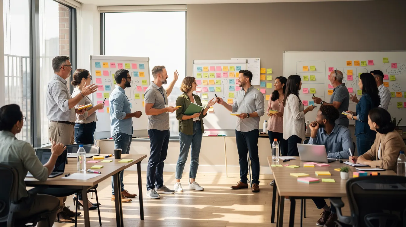 Une salle d'atelier est remplie de participants debout autour de flipcharts et de notes autocollantes, engagés dans une session de collaboration. Cette scène illustre le développement de l'intelligence collective, où chaque membre du groupe partage ses points de vue et contribue à la co-création d'idées pour résoudre des problèmes communs.