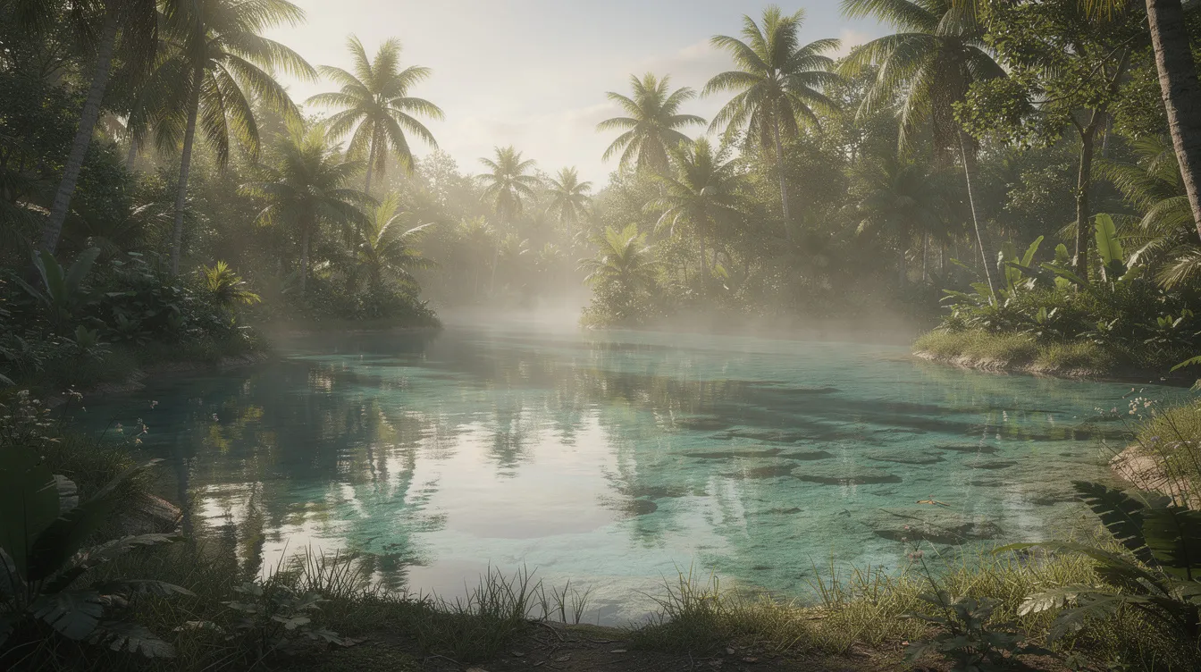 A imagem mostra uma lagoa natural com águas calmas em um tom azul turquesa, cercada por densa vegetação tropical, criando um cenário paradisíaco típico das ilhas do Caribe, como Curaçao. Este destino é ideal para quem busca relaxar em meio à natureza exuberante e desfrutar de experiências únicas em férias.