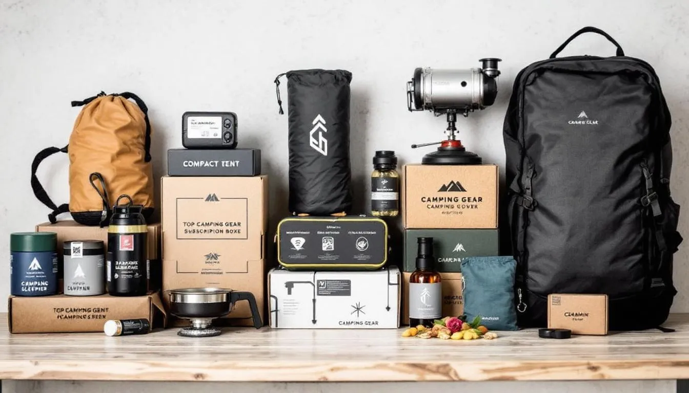 A collection of top camping gear subscription boxes with various outdoor gear.