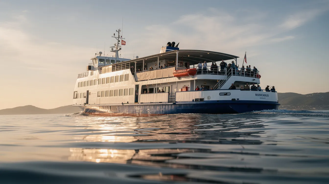Uma balsa de transporte de passageiros navega tranquilamente em um rio, conectando ilhas e pontos turísticos no Rio de Janeiro. Este serviço de traslado é uma opção popular para quem deseja explorar as belezas naturais e os destinos da região.