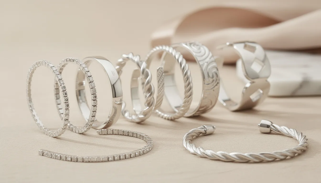 The image showcases a stunning collection of silver bracelets, including delicate linked chains, chunky cuffs, and solid silver bangles, all beautifully handcrafted with unique designs. Each piece, whether understated or bold, reflects elegance and individuality, making them perfect for any occasion.