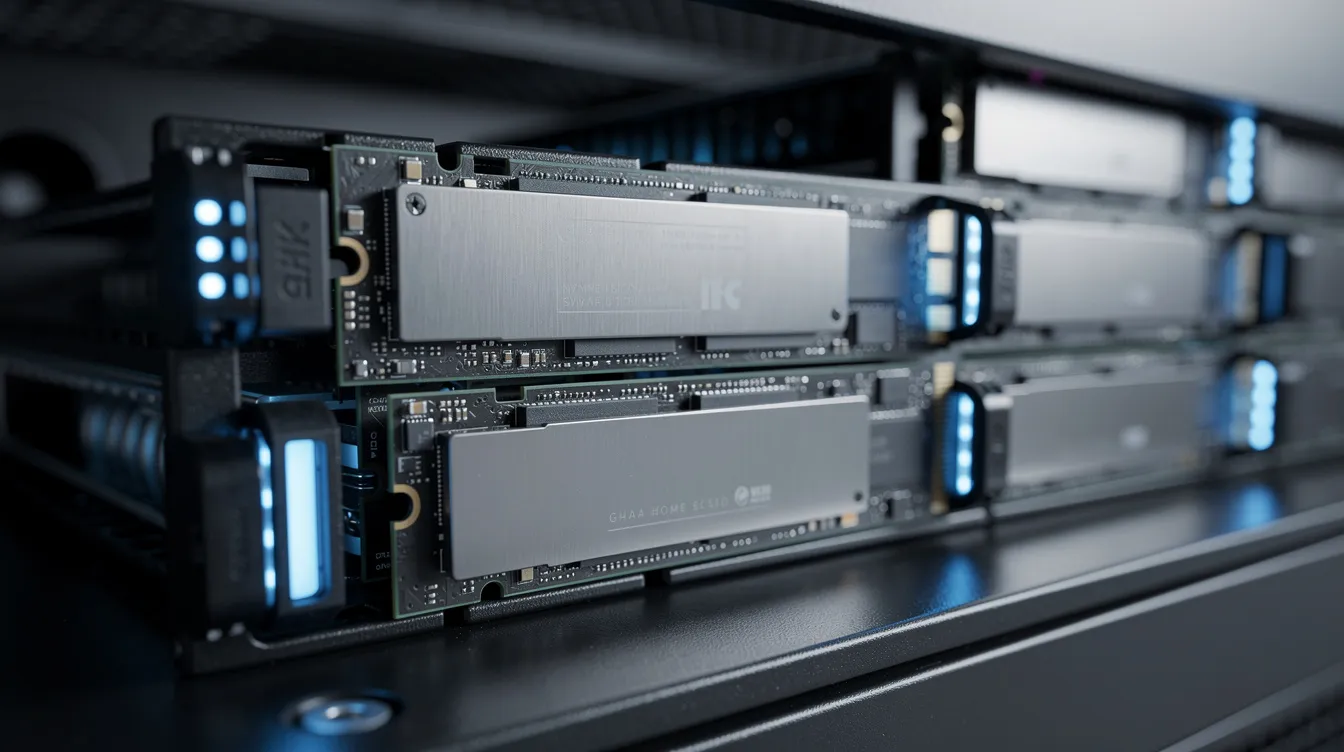 The image shows a close-up view of NVMe SSD drives installed in a modern server chassis, highlighted by blue indicator lights, representing high-performance storage solutions for VPS hosting in Germany. This setup emphasizes the reliable and fast data access essential for virtual private servers and dedicated resources in data centers.