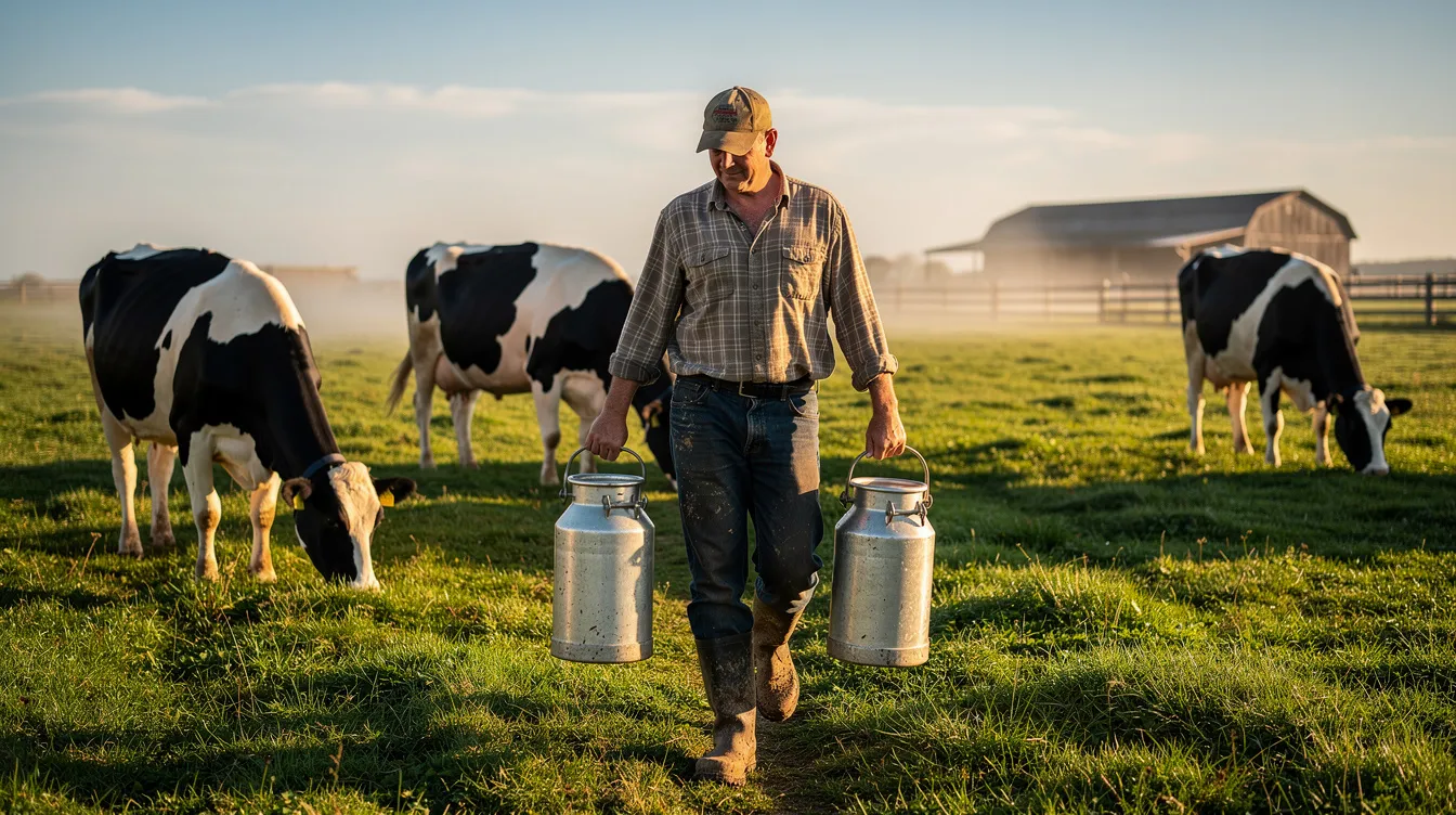 A dairy farmer is walking through a lush green field, carrying milk containers, with a herd of cows grazing in the background. This scene highlights the connection between fresh milk production and the dairy industry, emphasizing the importance of raw materials in the milk powder manufacturing business.