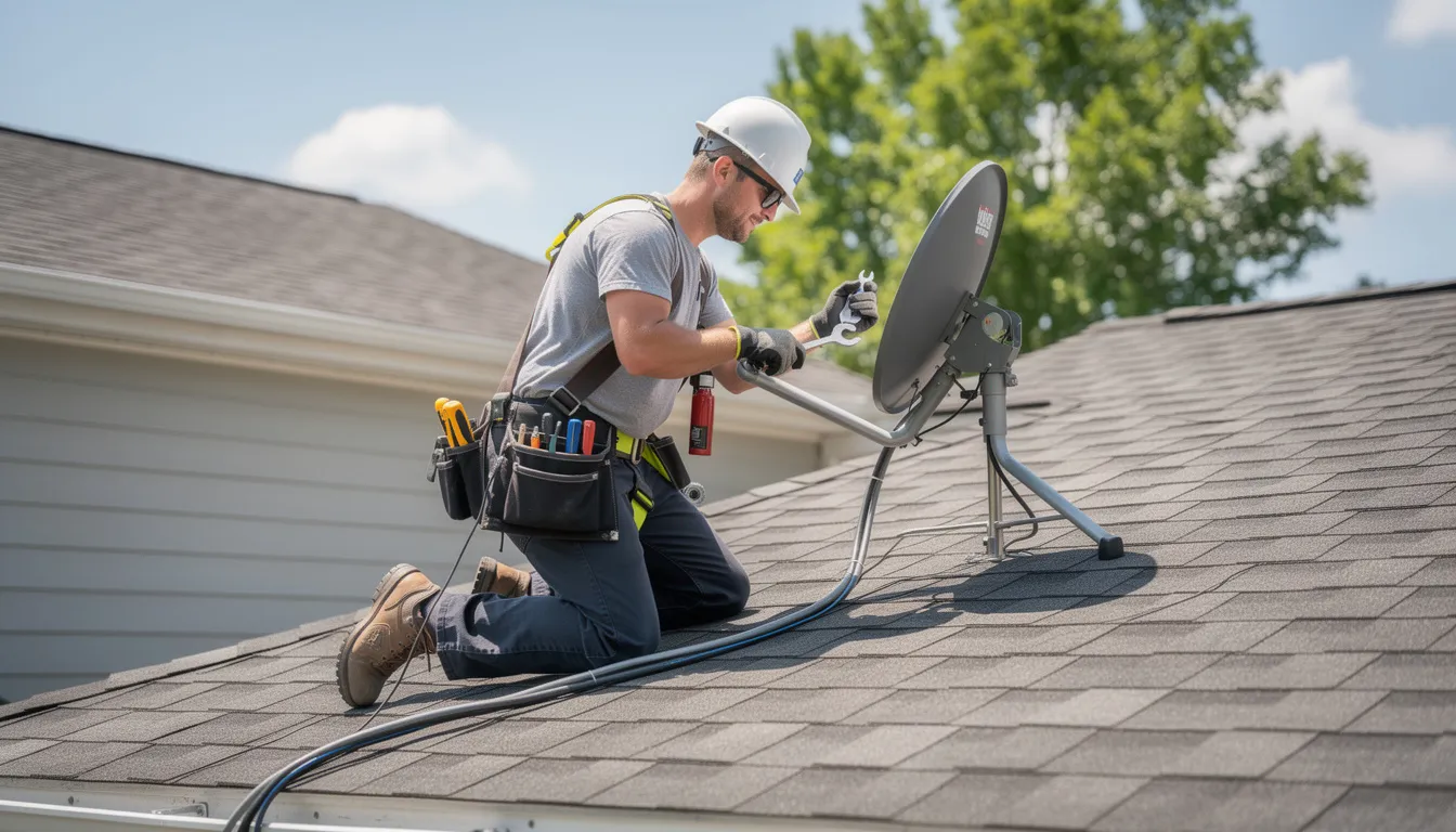 A professional technician is seen carefully installing a satellite dish on a residential roof, ensuring optimal placement for the best signal quality. This image highlights the importance of skilled dstv installers in Herolds Bay, providing reliable dstv installation services for local residents.