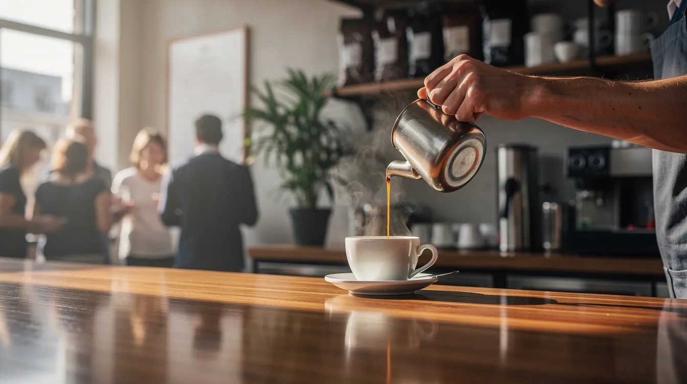 A barista is skillfully pouring a fresh espresso into a white coffee cup behind the counter of a busy cafe, with customers seated at tables enjoying their drinks. The atmosphere is lively, typical of a Starbucks store, where partners work diligently to serve patrons.