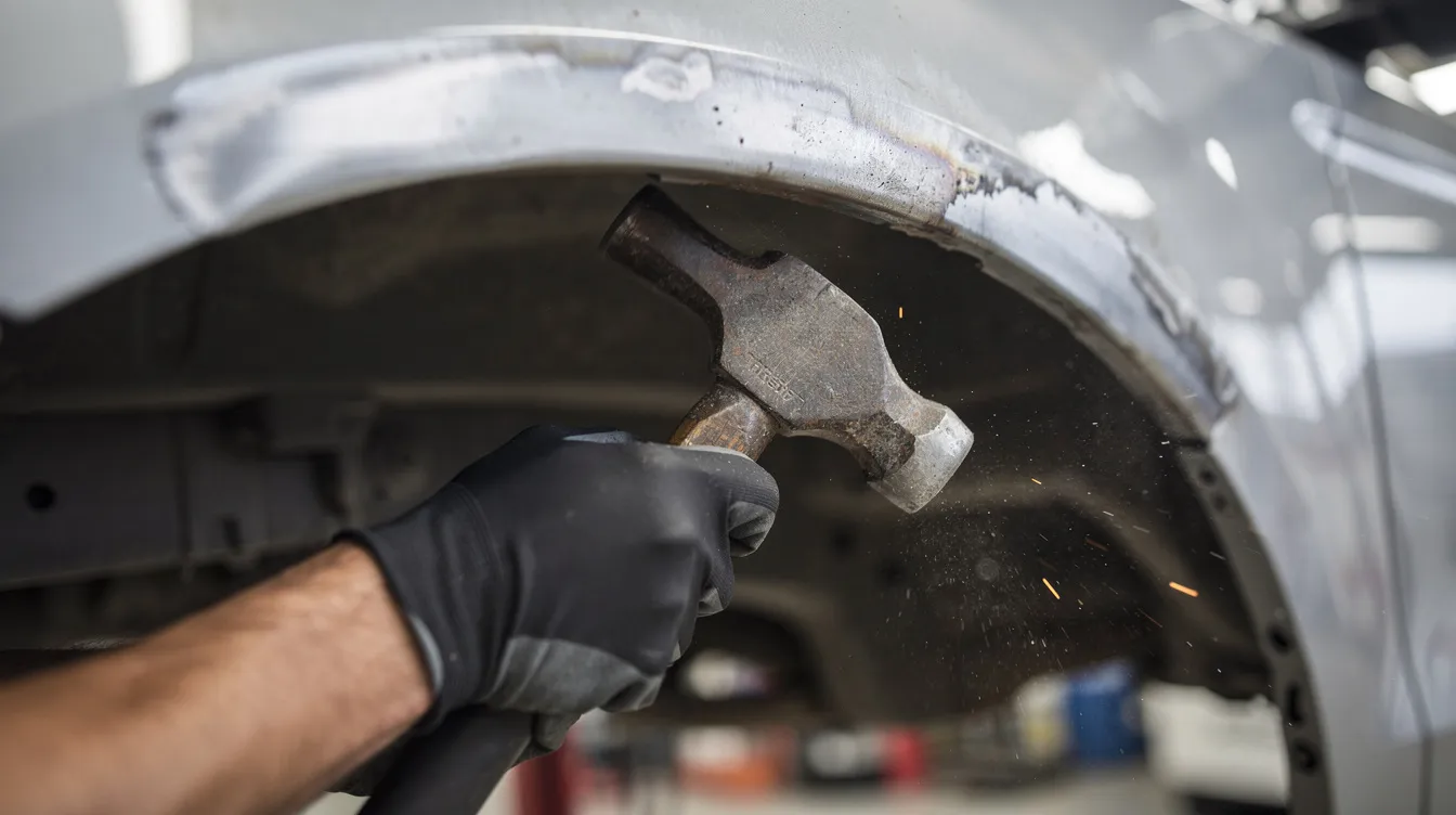 A close-up image shows a hammer striking a dolly positioned against the underside of a curved steel panel, illustrating the metal shaping process. The scene captures the intricate work of shrinking sheet metal, emphasizing the control needed to manage high spots and achieve a smooth finish.