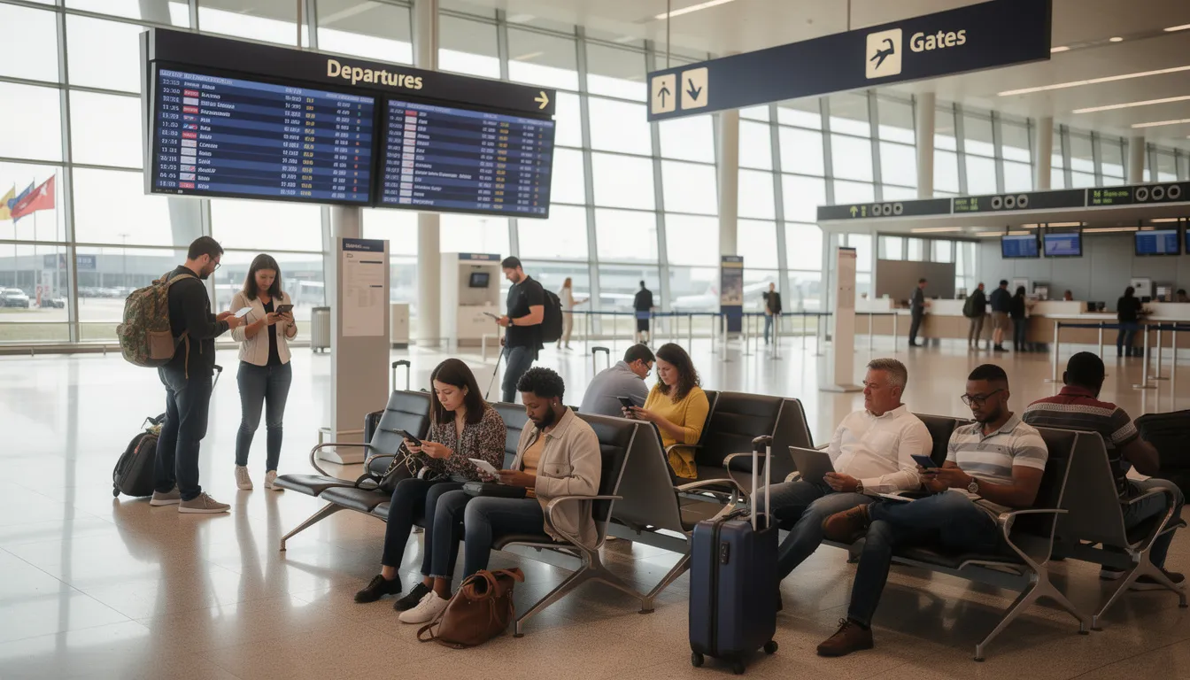 The image depicts travelers at an airport, intently using smartphones and tablets to check their bookings through an online reservation system. They appear engaged in the booking process, likely accessing real-time availability for flights and accommodations.