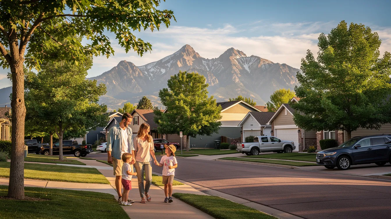 A picturesque neighborhood street in Colorado Springs features a family walking along a tree-lined sidewalk, with the majestic Pikes Peak rising in the background. This serene scene contrasts with the serious realities of dog bite cases, where victims may seek compensation for injuries sustained during dog attacks.