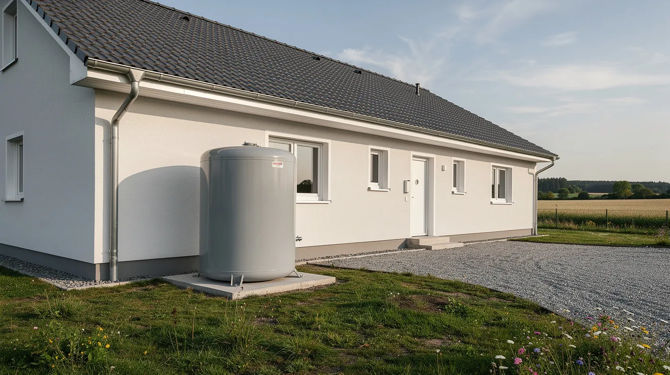 Une cuve compacte, utilisée pour l'assainissement non collectif, est installée près d'une maison individuelle sur un terrain rural. Cette micro station d'épuration est conçue pour le traitement des eaux usées et s'intègre harmonieusement dans le paysage.