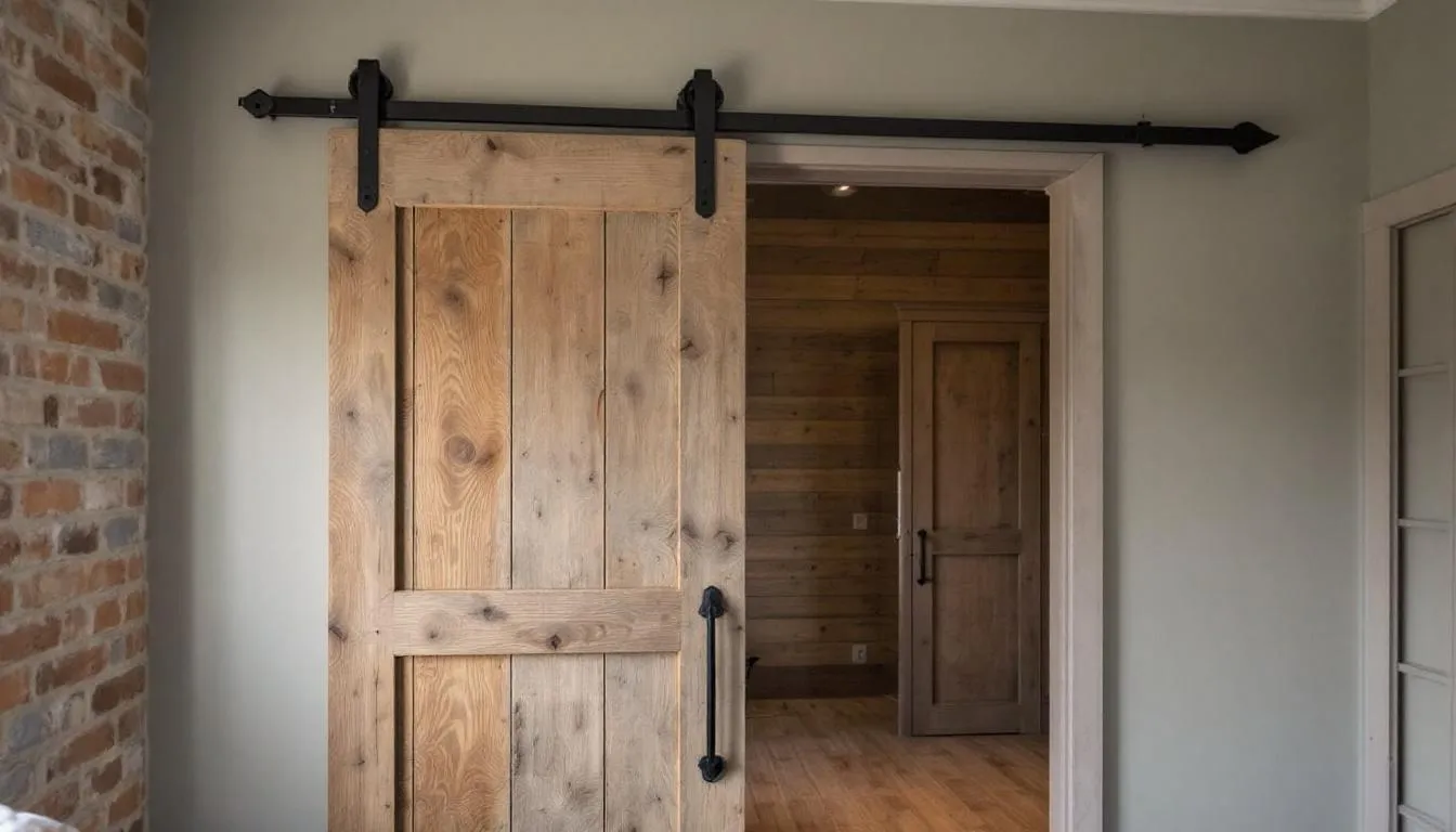 Customized sliding barn door in a bedroom.